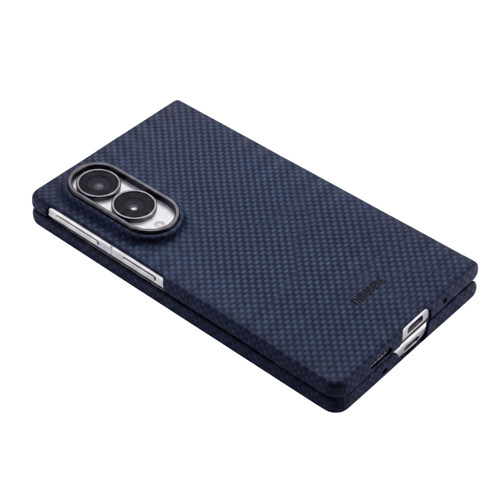 A dark navy blue phone samsung galaxy z fold 8  case with a carbon fiber textured pattern, featuring a precise cutout for a dual-camera system and a small visible NEXPOOR brand logo on the lower right.