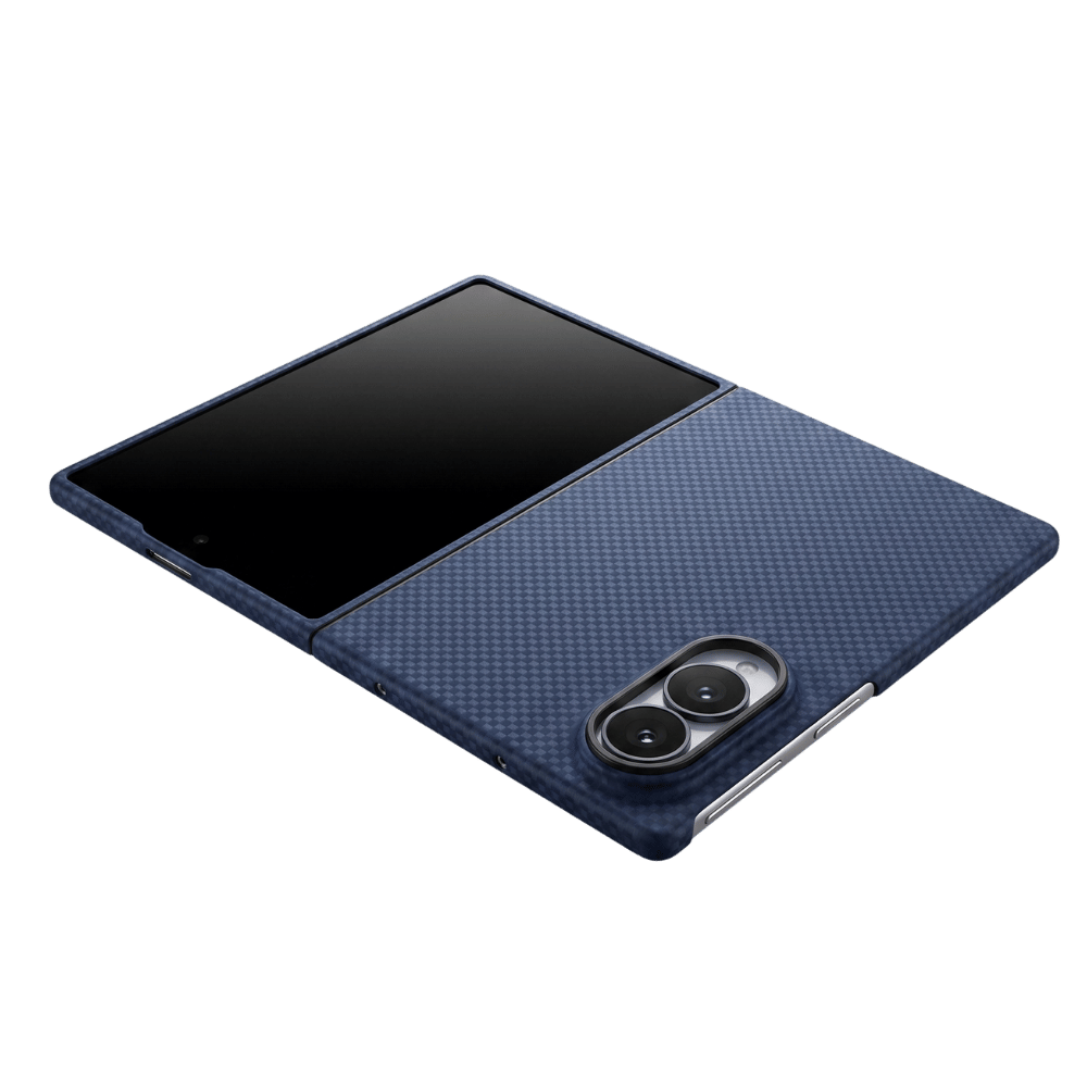 A dark navy blue samsung z fold 8  case for a foldable smartphone, shown partially open on a clean white background. The case features a textured carbon-fiber-like pattern on the back flap and a smooth black screen protector on the front.