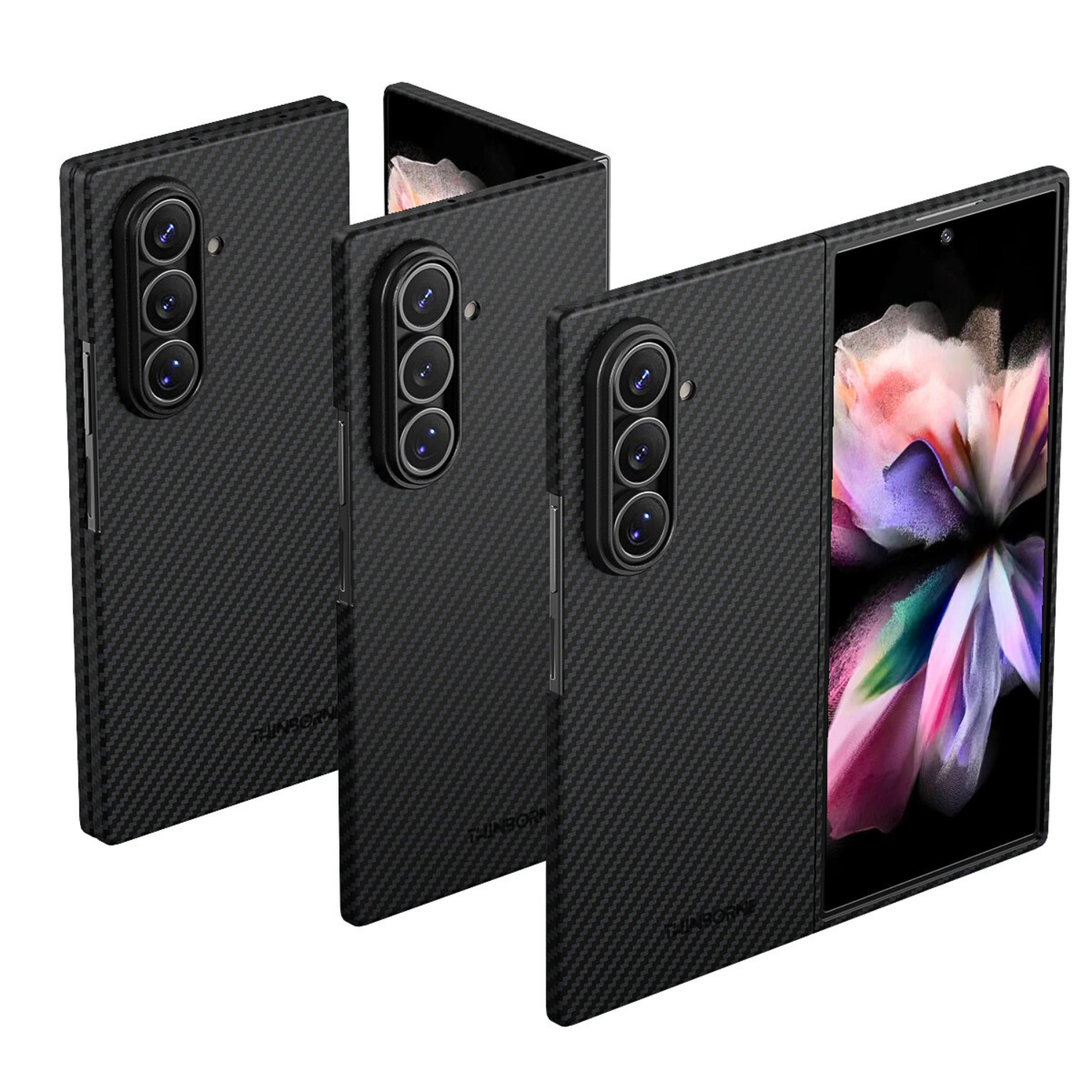 Three views of a black carbon-fiber-samsung fold 7 ultra  protective case for a folding smartphone, shown on a white background. One view shows the back of the case with a triple-camera cutout, and another view shows the phone inside the case with its screen on displaying a colorful flower wallpaper.