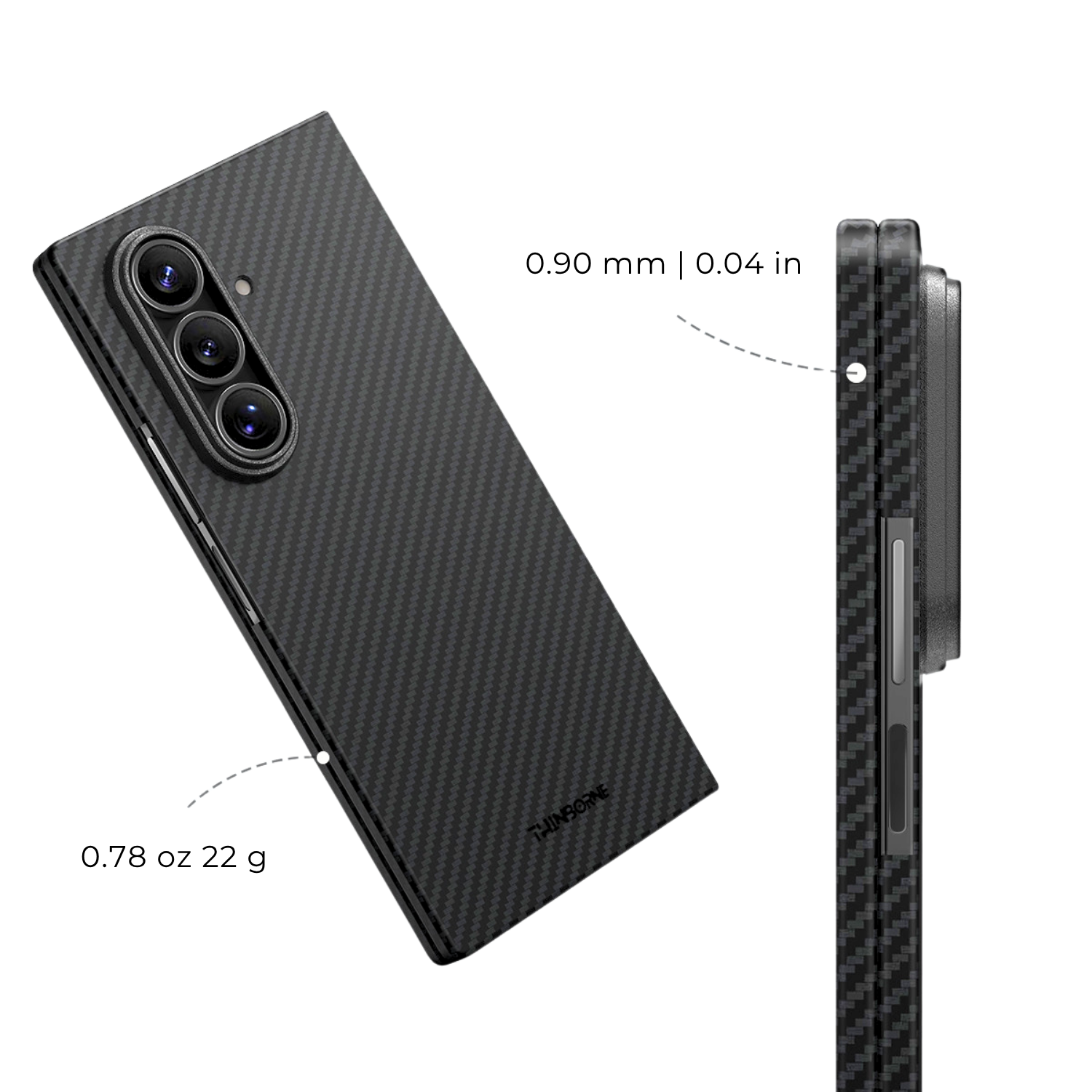 A black carbon-fiber-textured galaxy z fold 8 ultra case shown on a smartphone, with side and back views on a white background. Text callouts indicate 0.