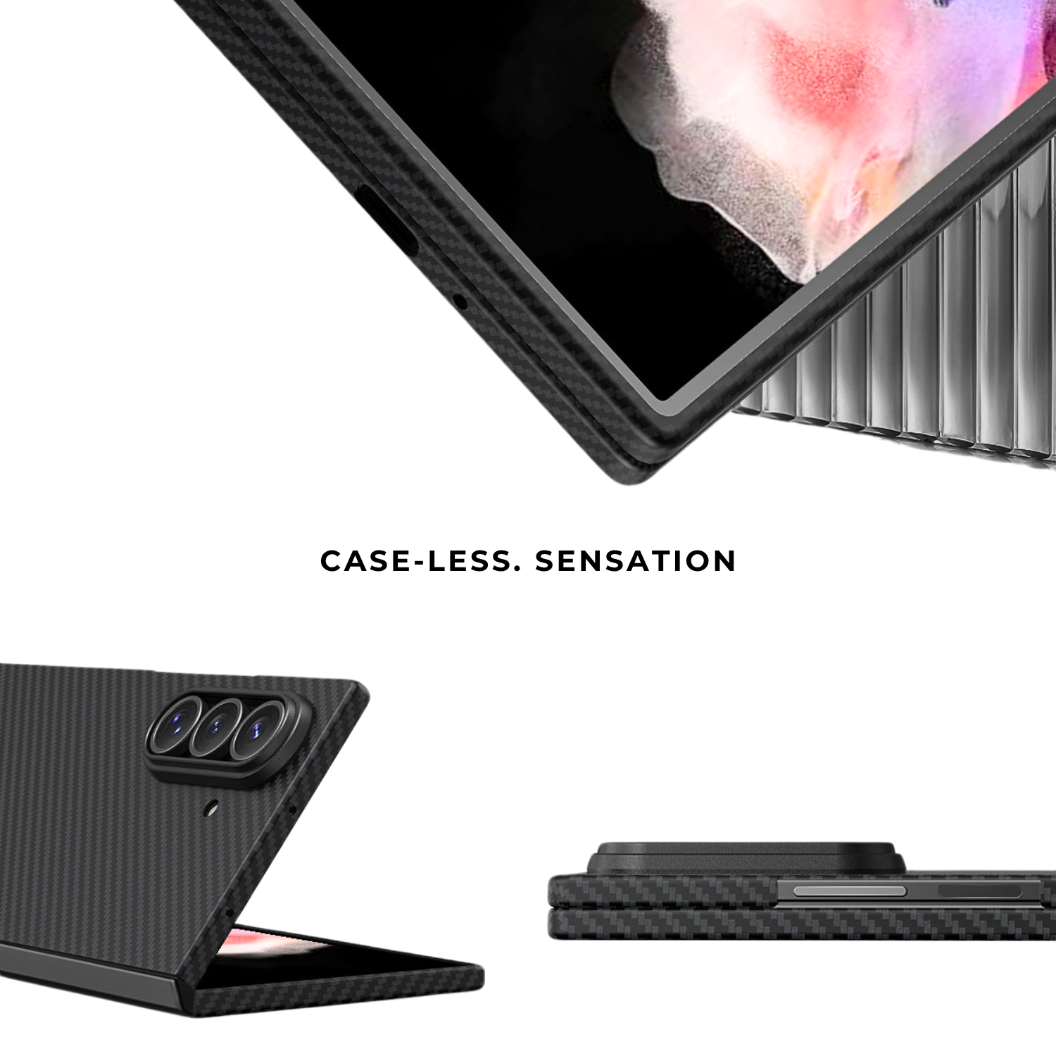 A black carbon-fiber-texture samsung galaxy z fold 8 ultra phone case shown in multiple angles on a white background, with the text 'CASE-LESS. SENSATION' between views.