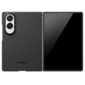 Whole closed phone back view of Thinborne carbon fiber wide case for Samsung Galaxy Z Fold 8, twill aramid texture, open hinge design, precise camera cutout and embossed Thinborne logo.