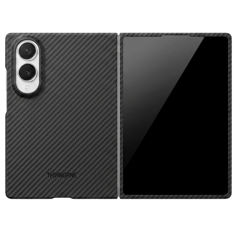Whole closed phone back view of Thinborne carbon fiber wide case for Samsung Galaxy Z Fold 8, twill aramid texture, open hinge design, precise camera cutout and embossed Thinborne logo.