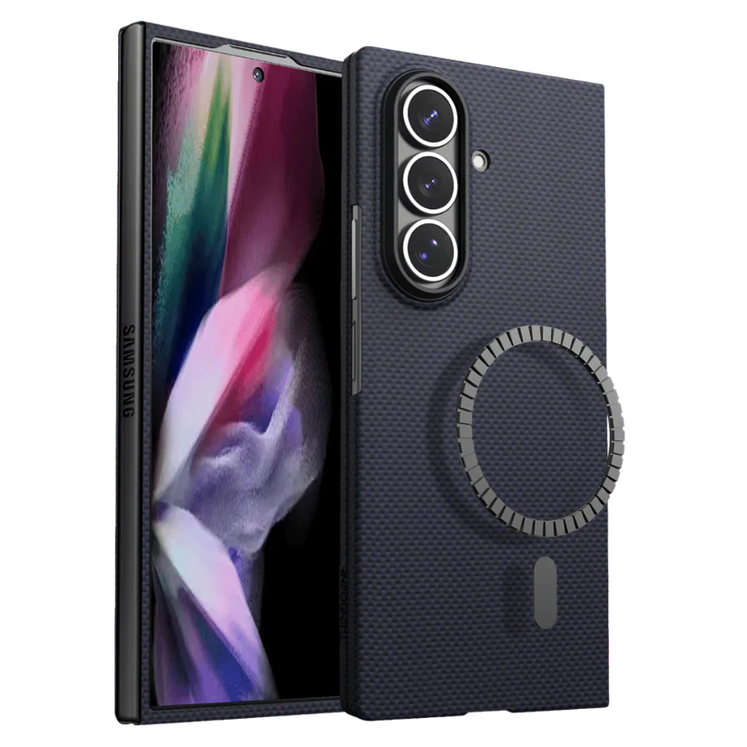 Installed folding effect of magnetic black Galaxy Z Fold 8 Wide Case on Samsung fold phone, full coverage carbon texture, exposed magnetic ring, precise camera cutouts