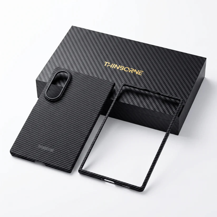 Complete two-piece case kit (back cover + front frame) and branded carbon gift box for Galaxy Z Fold 8 Thinborne wide case, premium retail packaging.