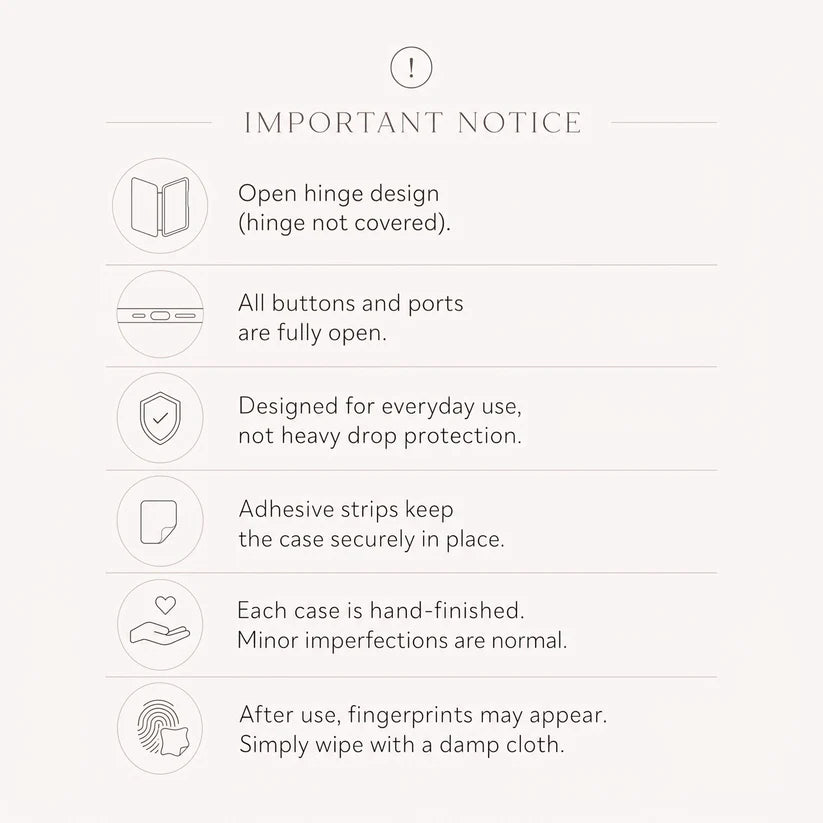 Important usage notice of Thinborne Galaxy Z Fold 8 wide carbon case, introducing hinge design, protection level, adhesive installation, handmade feature and cleaning tips.