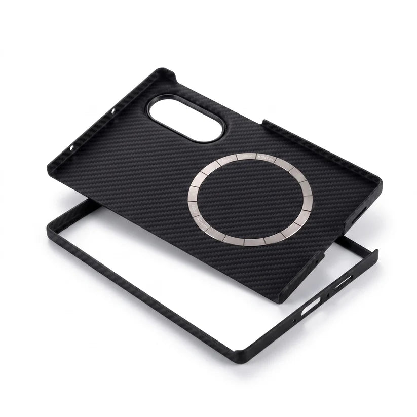 Split display of magnetic wide case for Galaxy Z Fold 8, separate front frame and magnetic back cover, visible built-in magnetic ring, ultra-thin aramid fiber material.