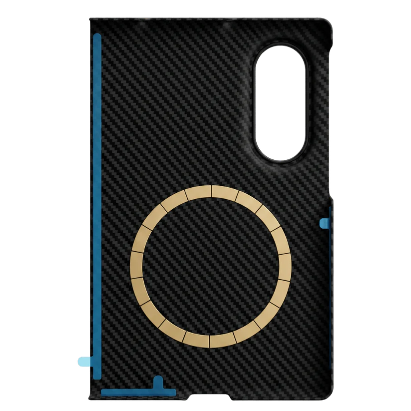 Inner structure of magnetic style rear cover for Galaxy Z Fold 8 wide case. Built-in segmented metal magnetic ring supports magnetic wireless charging, with fixed adhesive strips.