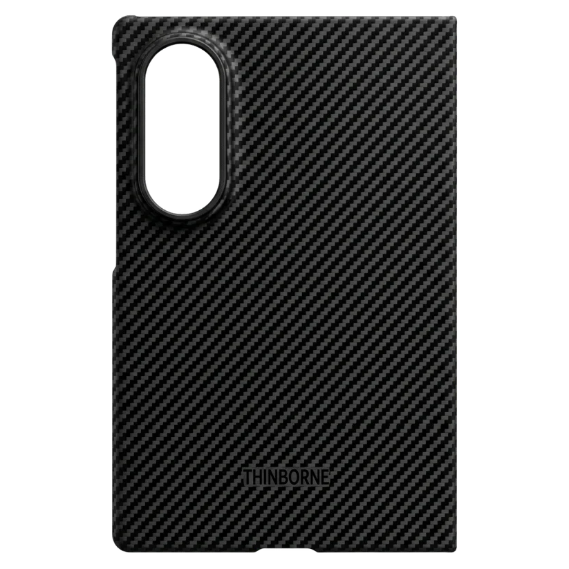 Outer surface of non-magnetic rear shell for Galaxy Z Fold 8 wide case, twill carbon fiber texture, raised camera protection, debossed Thinborne logo at bottom.