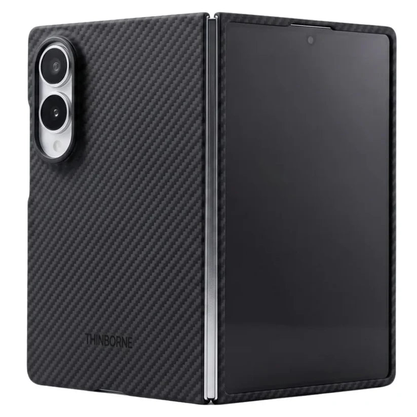 Side folding effect of Samsung Galaxy Z Fold 8 with Thinborne wide carbon case. The hinge is fully exposed without wrapping, buttons keep original touch, matte anti-slip carbon texture.