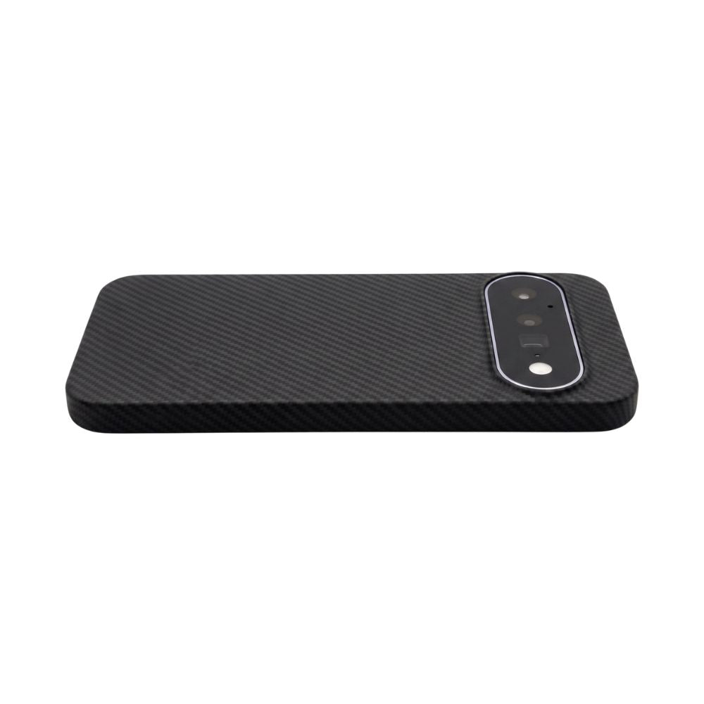 Google Pixel 11 thin carbon fiber style aramid case, rear camera module cutout angle shot