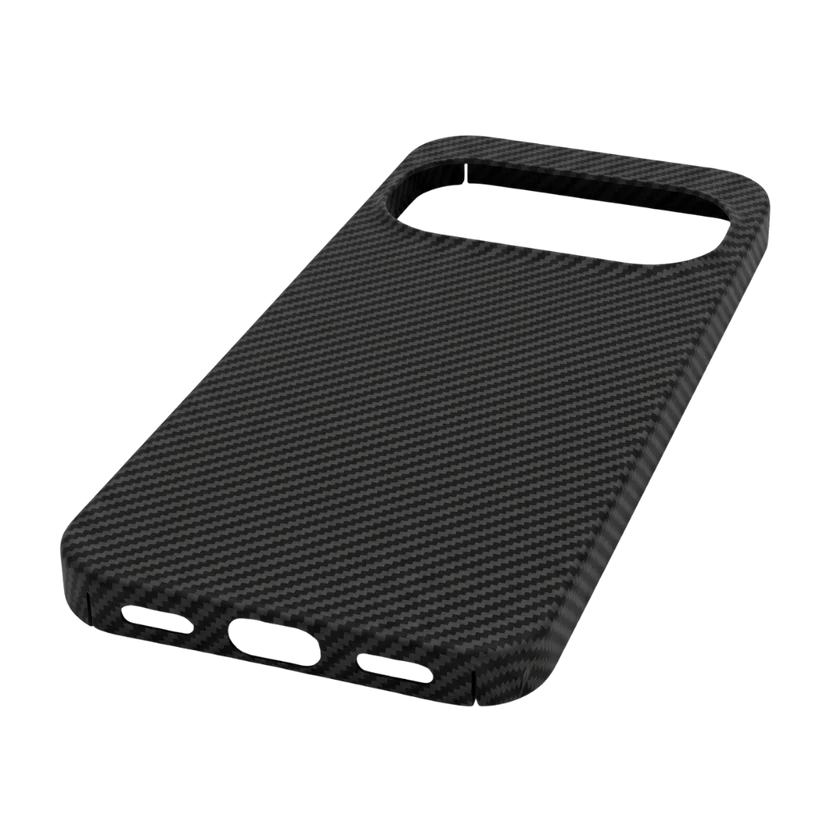 Three-quarter angle Pixel 11 carbon fiber case, bottom charging port and speaker cutouts, split design hard aramid fiber phone case