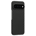 THINBORNE Carbon Fiber Pixel 11 Case installed on Google Pixel 11, rear view with precise camera cutout, side button cutouts, anti-fingerprint aramid fiber slim hard phone cover