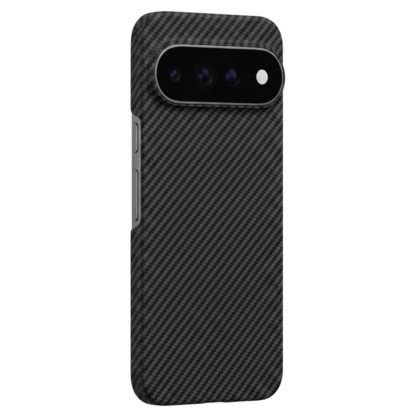 THINBORNE Carbon Fiber Pixel 11 Case installed on Google Pixel 11, rear view with precise camera cutout, side button cutouts, anti-fingerprint aramid fiber slim hard phone cover