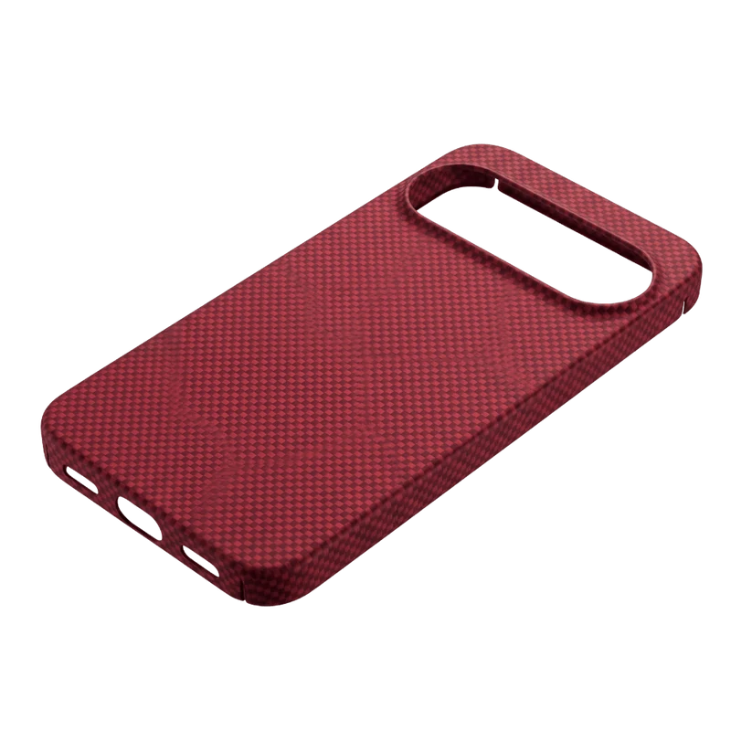 Diagonal three-quarter view of crimson Pixel 11 aramid case. Neat charging port and speaker cutouts, slim hard woven shell with durable texture.