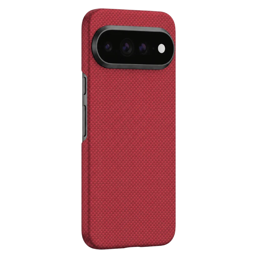 Crimson woven aramid Pixel 11 Case rear side shot. Accurate camera and volume button cutouts, fine grid matte texture for anti-slip and anti-fingerprint.