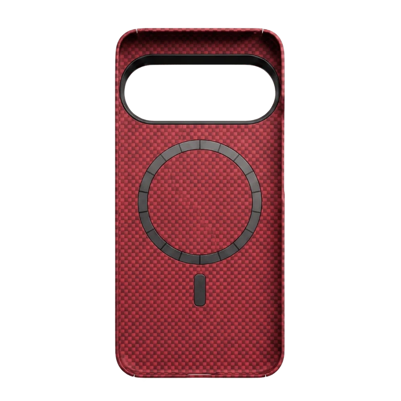 Inner view of crimson magnetic Pixel 11 Case. Built-in segmented MagSafe metal ring, full aramid lining, stable magnetic wireless charging compatible.