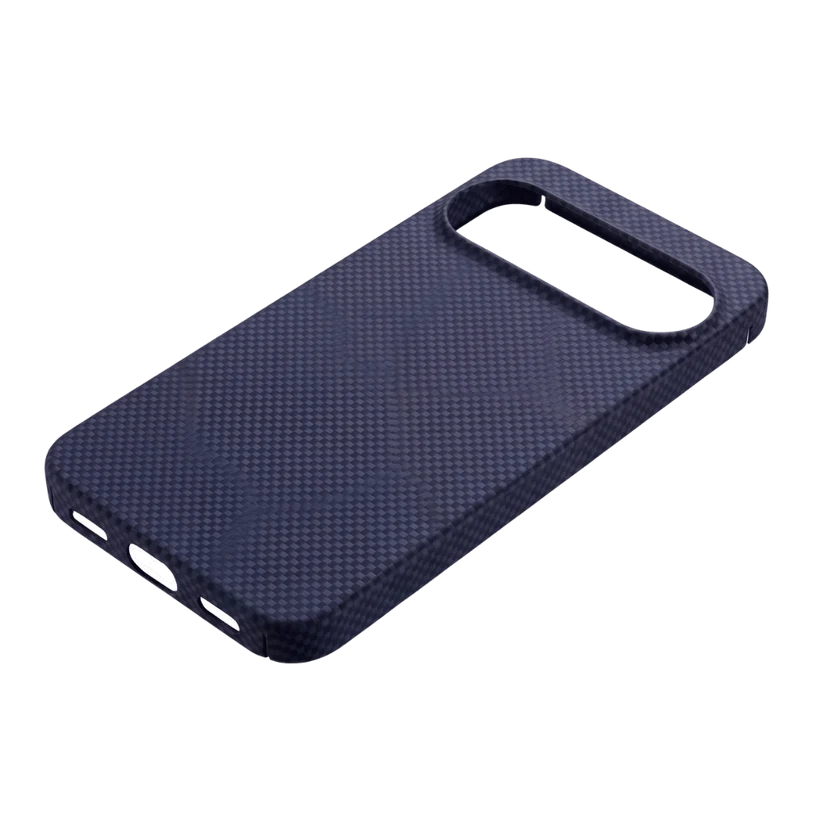 ：Diagonal three-quarter view of navy Pixel 11 aramid case. Neat charging port and speaker cutouts, slim hard woven shell with durable texture.