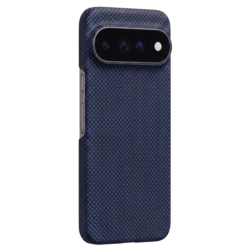 Navy blue woven aramid Pixel 11 Case rear side shot. Accurate camera and volume button cutouts, fine grid matte texture for anti-slip and anti-fingerprint.