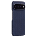 Navy blue woven aramid Pixel 11 Case rear side shot. Accurate camera and volume button cutouts, fine grid matte texture for anti-slip and anti-fingerprint.