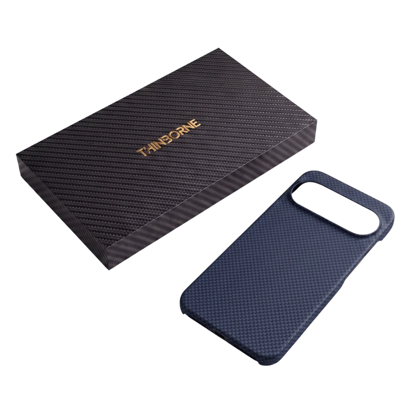 Navy Pixel 11 aramid Case matching Thinborne carbon fiber gift box. Premium aerospace fiber material, upscale packaging for daily use and gifting.