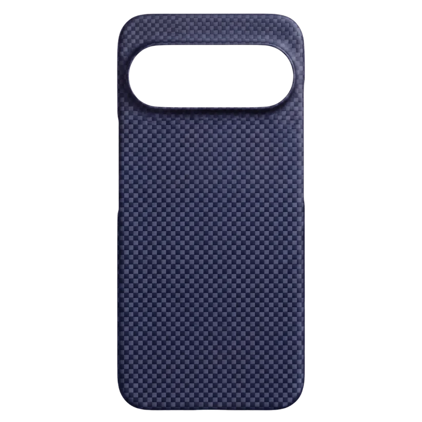 Inner view of navy matte exterior Pixel 11 aramid hard case without magnet. Whole interior covered with fine grid aramid texture, large camera cutout accurate, lightweight hard shell.