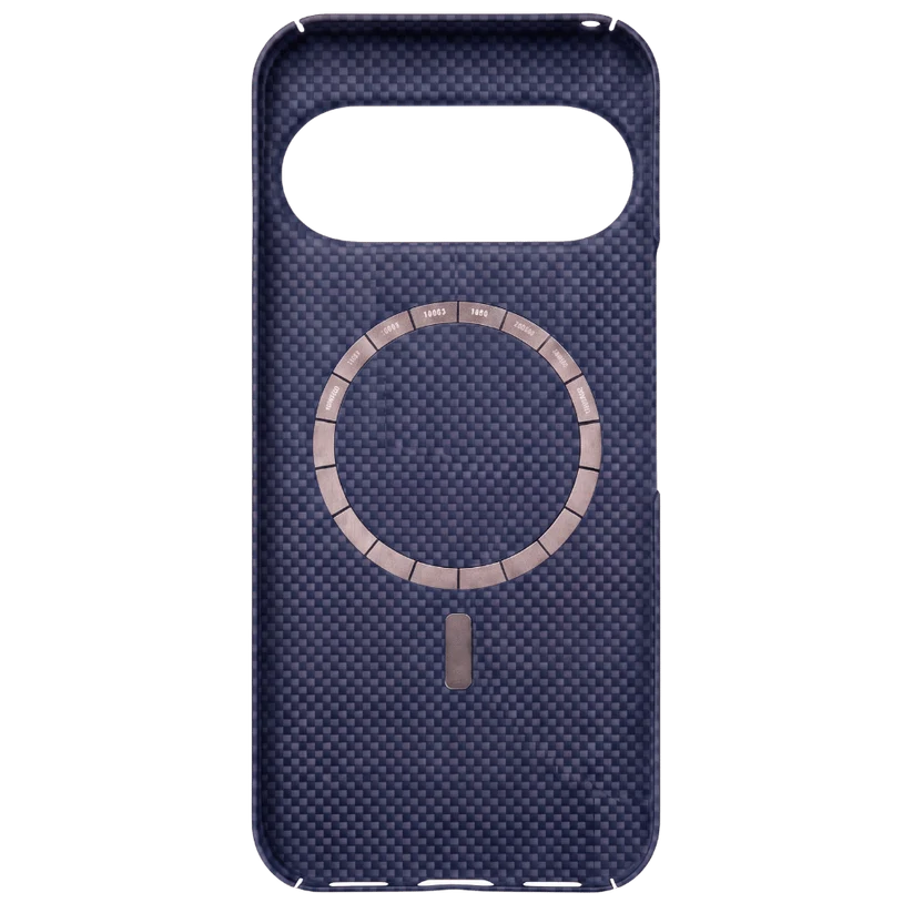 Inner view of navy magnetic Pixel 11 Case. Built-in segmented MagSafe metal ring, full aramid lining, stable magnetic wireless charging compatible.