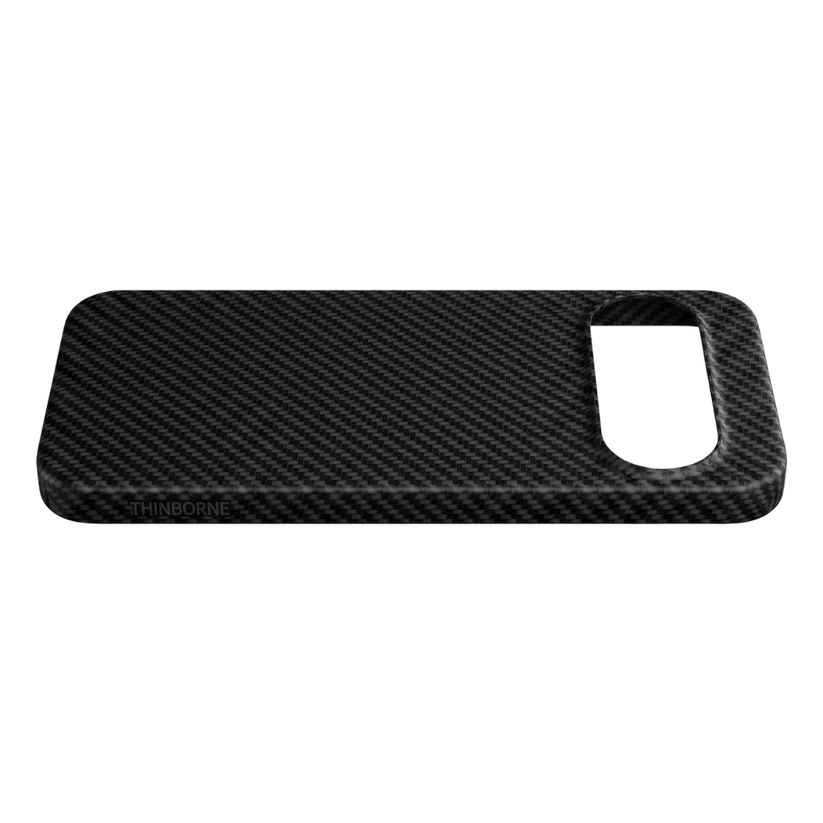 Horizontal side detail of Pixel 11 Case, THINBORNE logo embossed on edge, slim carbon fiber border, thin aramid fiber frame