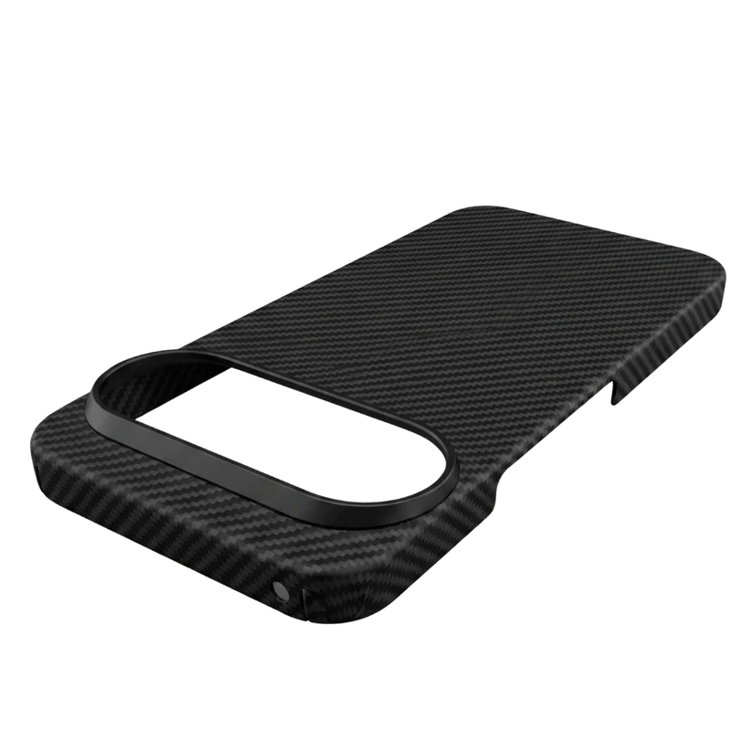 Three-quarter angle shot of Pixel 11 Pro XL carbon fiber case, raised camera bezel, slim edge cutouts, hard aramid fiber protective cover