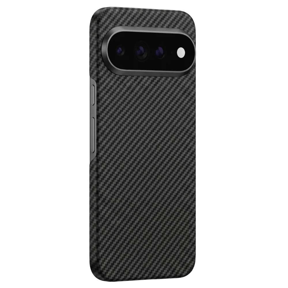 THINBORNE Carbon Fiber Pixel 11 Pro XL Case, back view installed on Google Pixel 11 Pro , precise camera cutout, diagonal weave aramid fiber slim hard phone cover