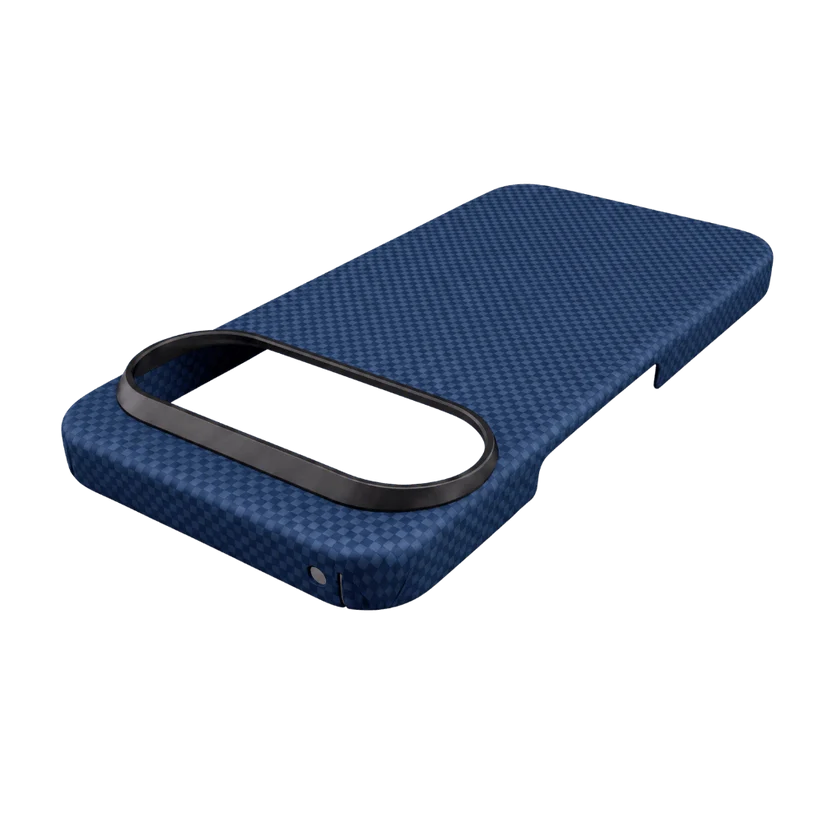 3D angled photo of navy Pixel 11 Pro aramid case. Raised metal camera bezel, neat port cutouts, lightweight durable woven protective cover.