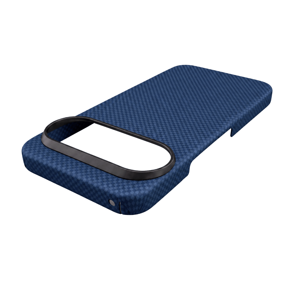 3D angled photo of navy Pixel 11 Pro aramid case. Raised metal camera bezel, neat port cutouts, lightweight durable woven protective cover.