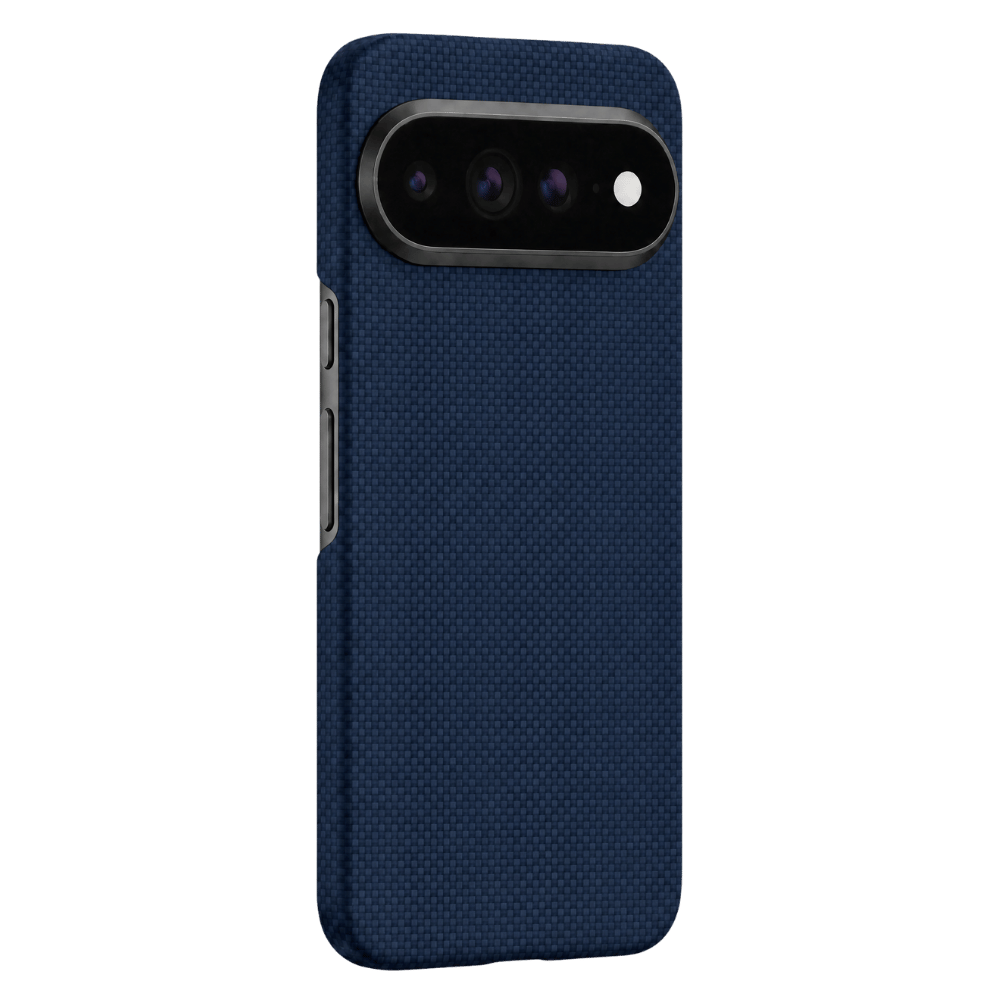 Navy blue grid aramid Pixel 11 Pro Case outer side display. Precise camera frame and side button cutouts, matte textured surface for anti-slip and anti-fingerprint use.