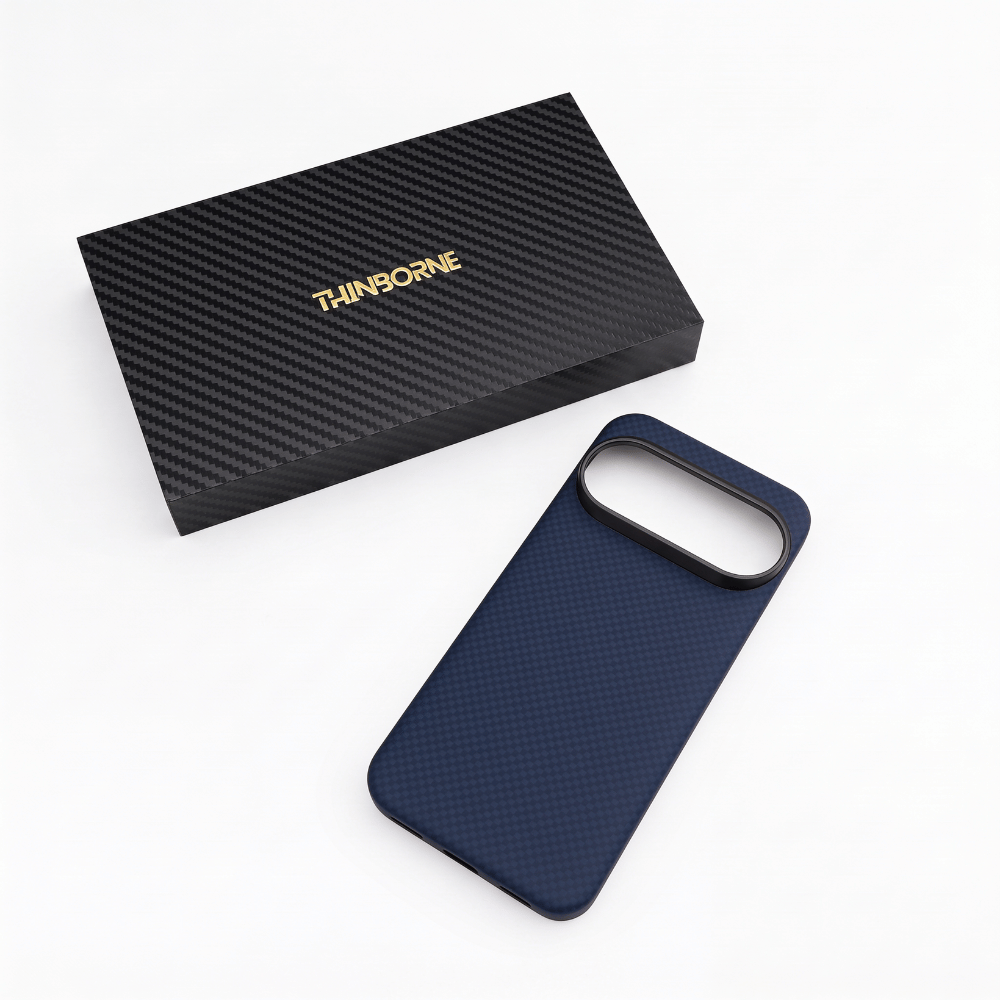 Navy Pixel 11 Pro Case matched with official Thinborne carbon fiber gift box. Premium packaging, aerospace aramid material for daily and gift use.