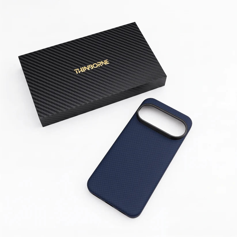 Navy Pixel 11 Pro Case matched with official Thinborne carbon fiber gift box. Premium packaging, aerospace aramid material for daily and gift use
