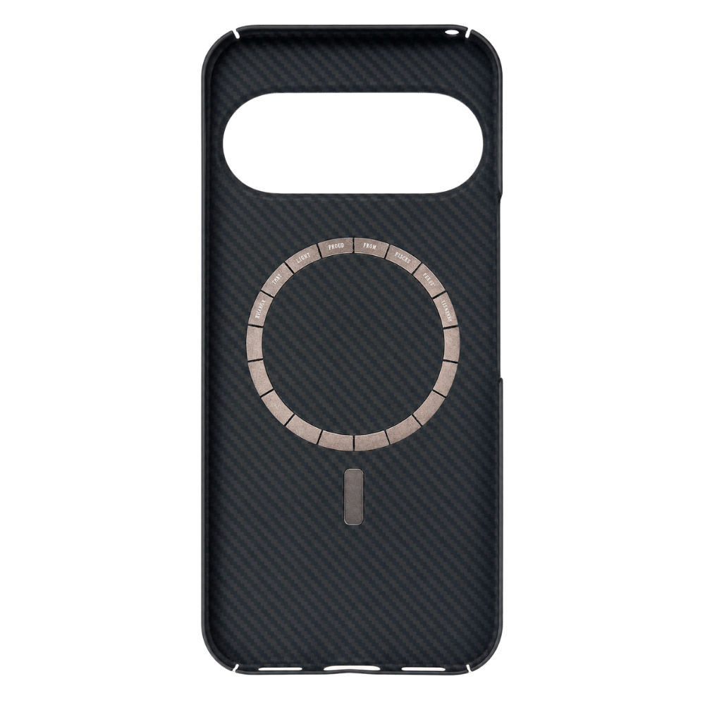 Inner lining of magnetic navy Pixel 11 Pro Case. Built-in segmented MagSafe metal ring, carbon inner layer, stable magnetic wireless charging support.