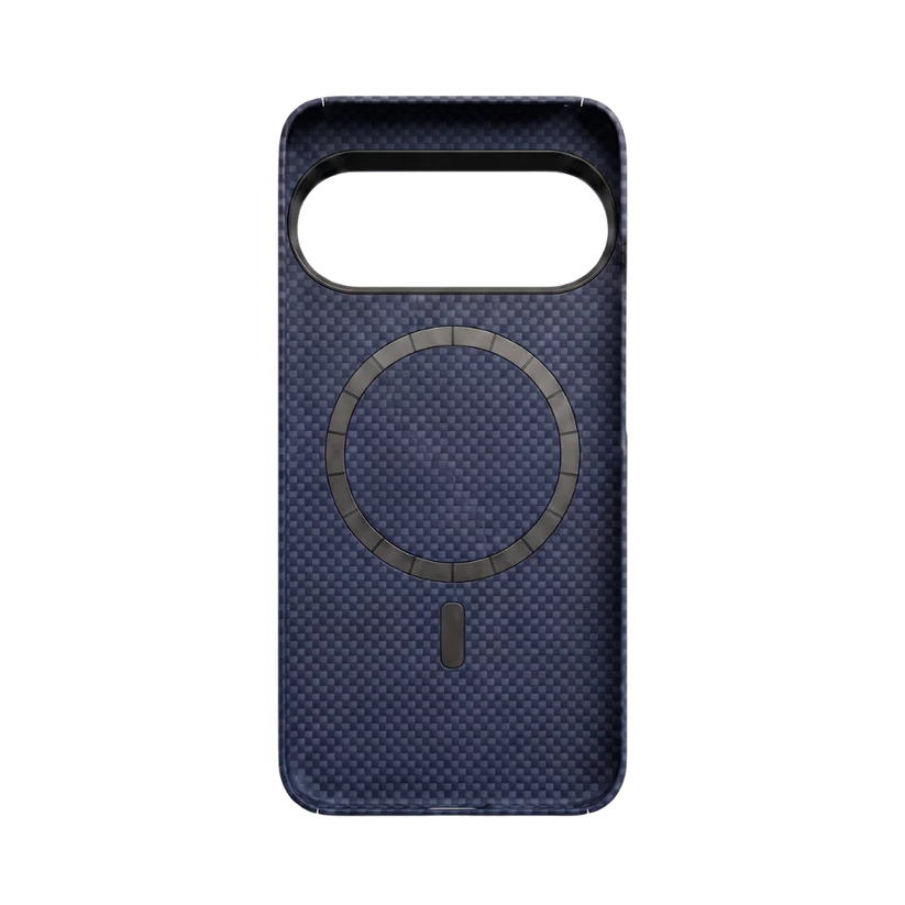 Side profile of navy Pixel 11 Pro Case with vertical Thinborne logo. Ultra-slim body, aerospace aramid fiber, thin fit without bulkiness.