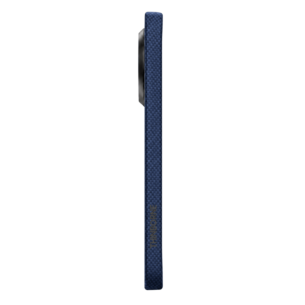 Side profile of navy Pixel 11 Pro Case with vertical Thinborne logo. Ultra-slim body, aerospace aramid fiber, thin fit without bulkiness.