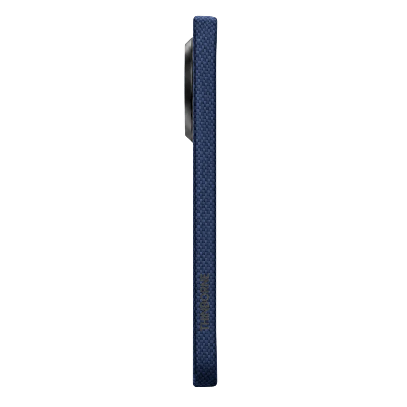 Side profile of navy Pixel 11 Pro Case with vertical Thinborne logo. Ultra-slim body, aerospace aramid fiber, thin fit without bulkiness.