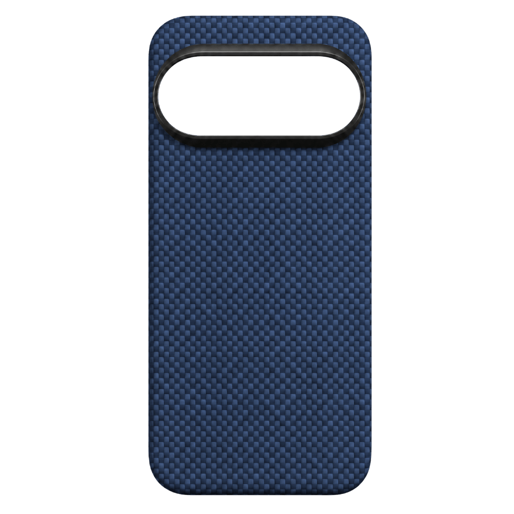 Flat back view of navy woven Pixel 11 Pro Case. Full aramid check texture, large camera hollow reserved, slim hard shell for Google Pixel 11 Pro protection.