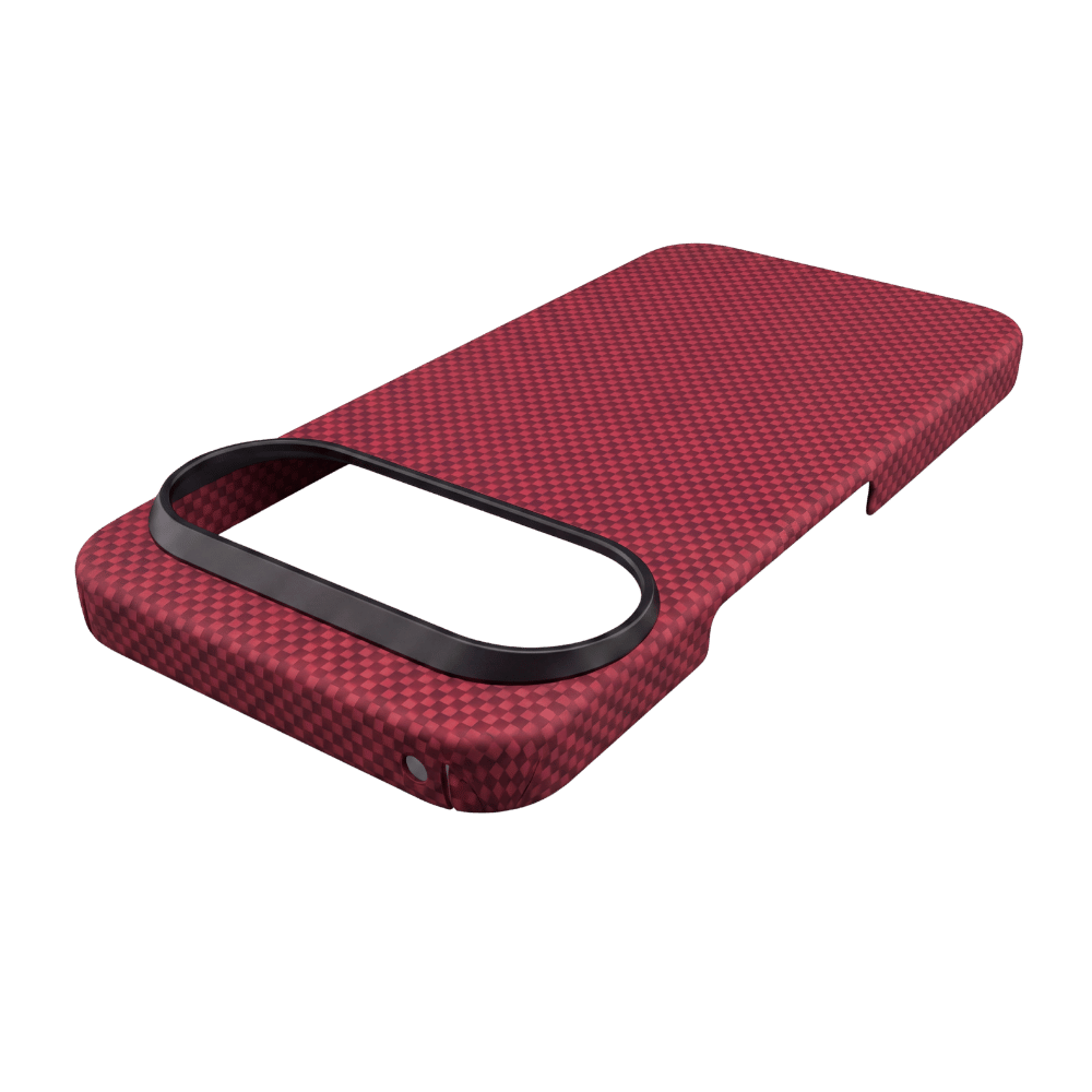 Angled 3D view of red Pixel 11 Pro aramid case, raised metal camera bezel, precise port cutouts, lightweight textured phone cover