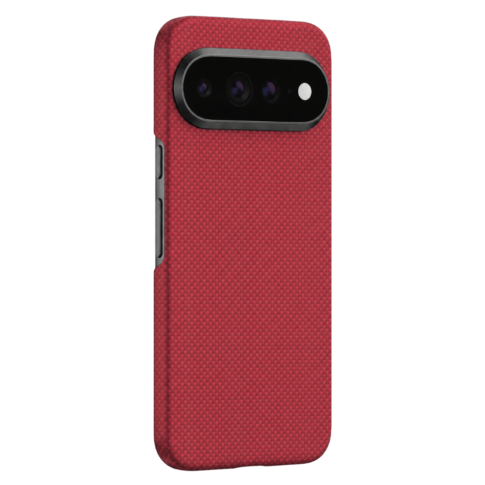 Red grid aramid fiber Pixel 11 Pro Case exterior shot, precise camera frame cutout, accurate side button openings, matte textured anti-slip hard shell