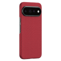 Red grid aramid fiber Pixel 11 Pro Case exterior shot, precise camera frame cutout, accurate side button openings, matte textured anti-slip hard shell