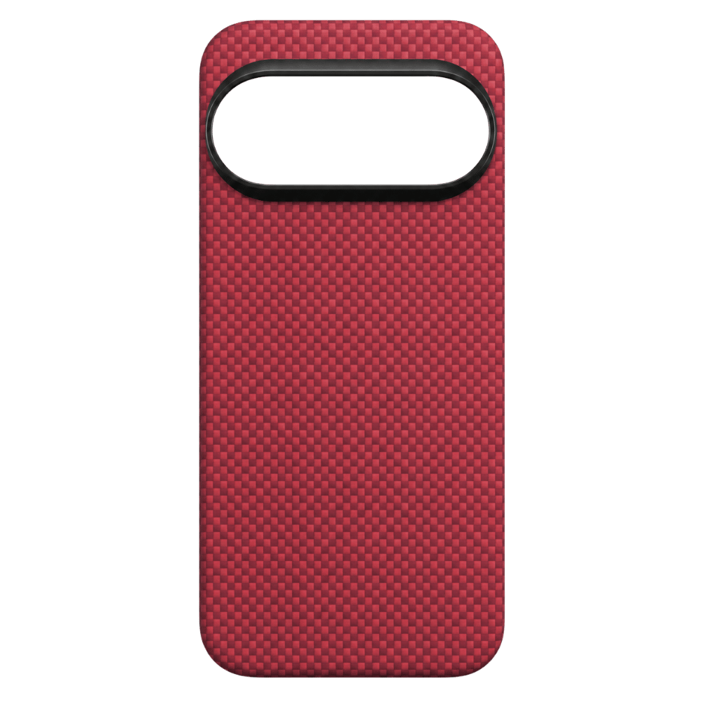 Flat back view of red woven Pixel 11 Pro Case, complete red check aramid texture, large reserved camera cutout frame, slim hard protective cover