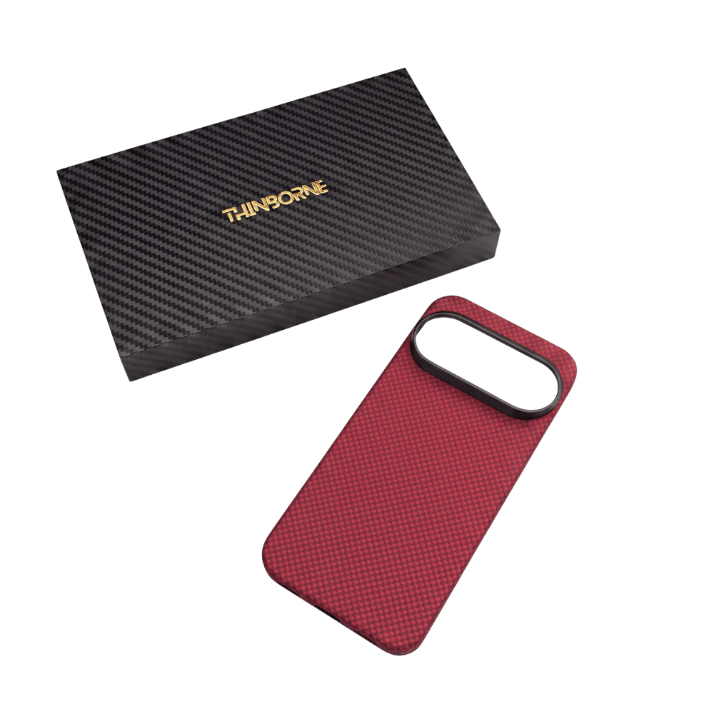 Red woven Pixel 11 Pro Case matching official Thinborne carbon fiber gift box, premium packing, aerospace aramid fiber protective shell