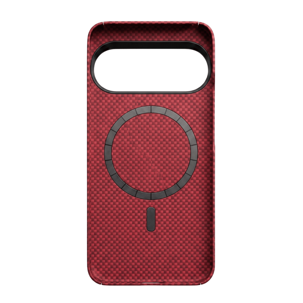 Inner lining of red Pixel 11 Pro magnetic case, built-in MagSafe metal ring, red grid aramid fabric, supports wireless magnetic charging