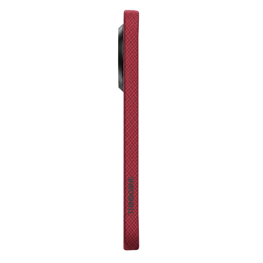 Side profile of red Pixel 11 Pro Case with vertical Thinborne logo, ultra thin thickness, woven aramid fiber material, slim phone protection