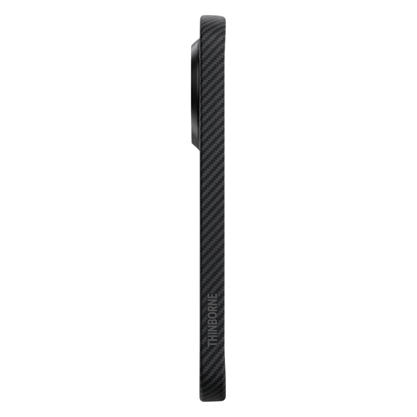 Side profile of Pixel 11 Pro Case, THINBORNE branding, slim carbon fiber edge design, lightweight aramid fiber phone bumper