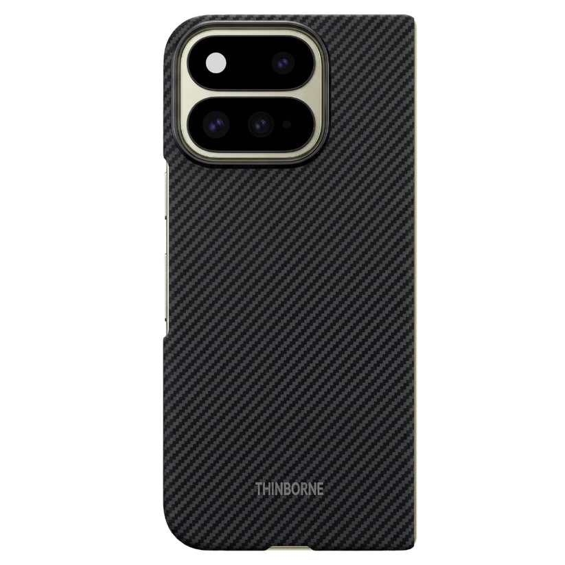 Solid black carbon fiber rear exterior Pixel 11 Pro Fold Case, standalone back cover, precise dual camera cutout, THINBORNE slim foldable case