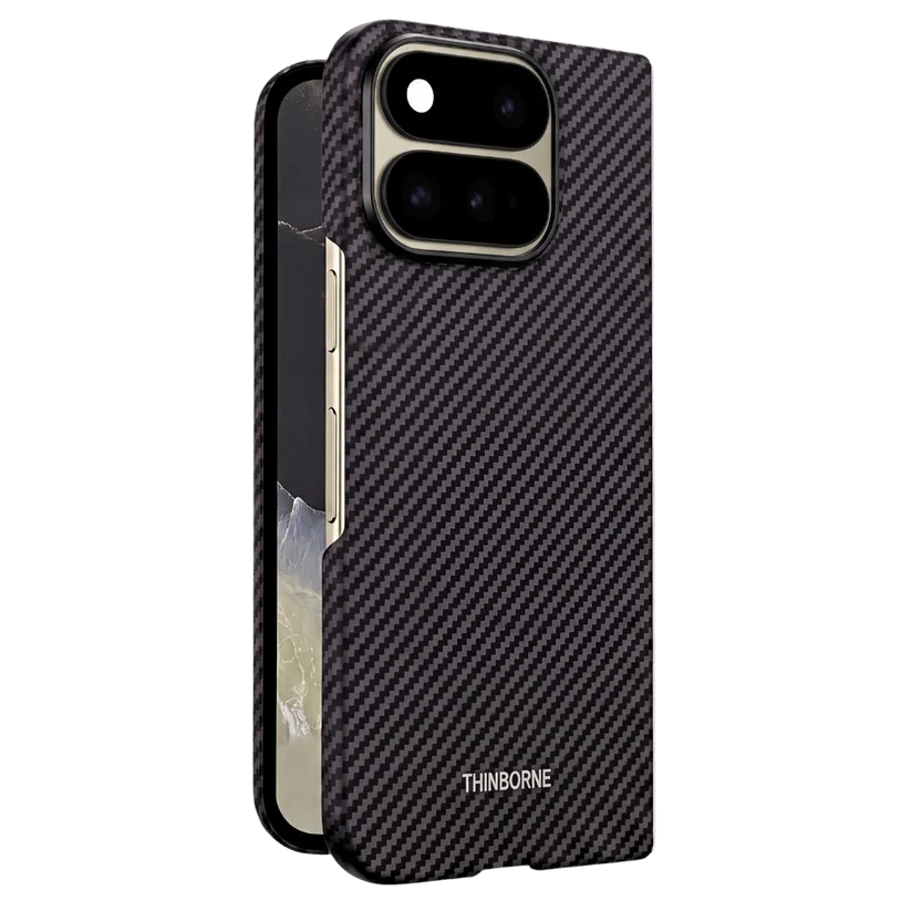 Black twill carbon fiber Pixel 11 Pro Fold Case, foldable split phone case, raised camera frame, THINBORNE branded foldable cover